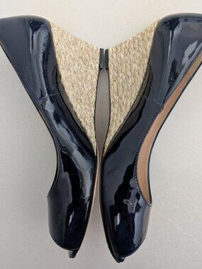 L.K. Bennett Edee Peep-Toe Patent Leather Espadrille Wedge–Navy Blue–US 9.5